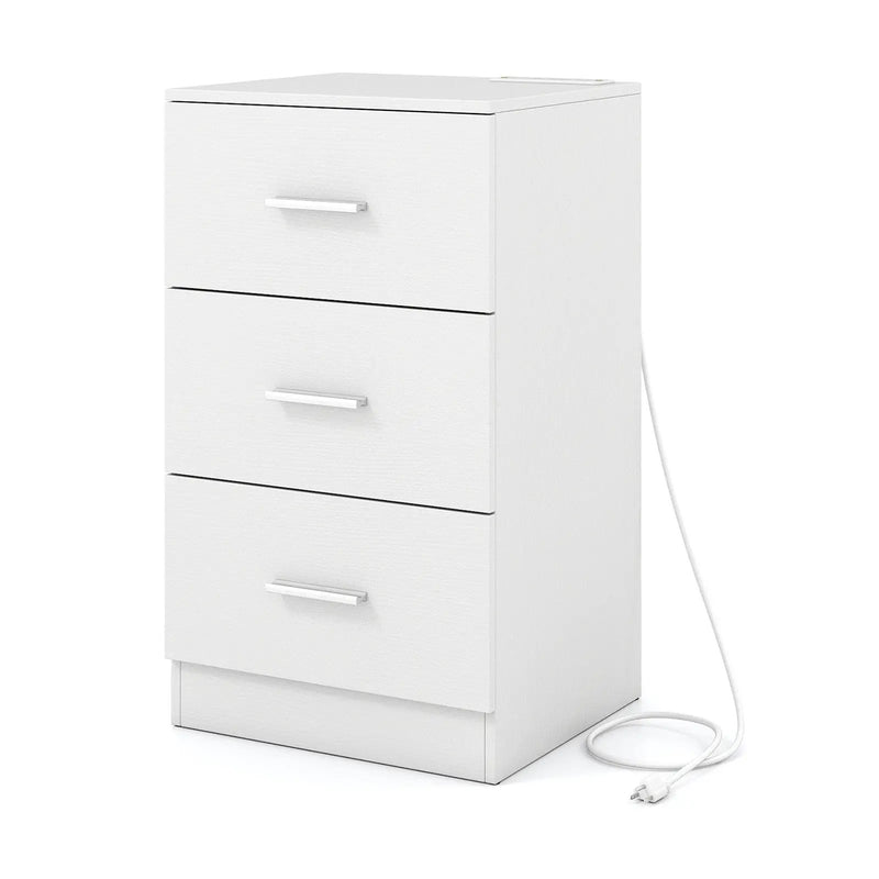 Nightstand with Charging Station End Table with 3 Storage Drawers Bedside Table for Bedroom by DirectDeals