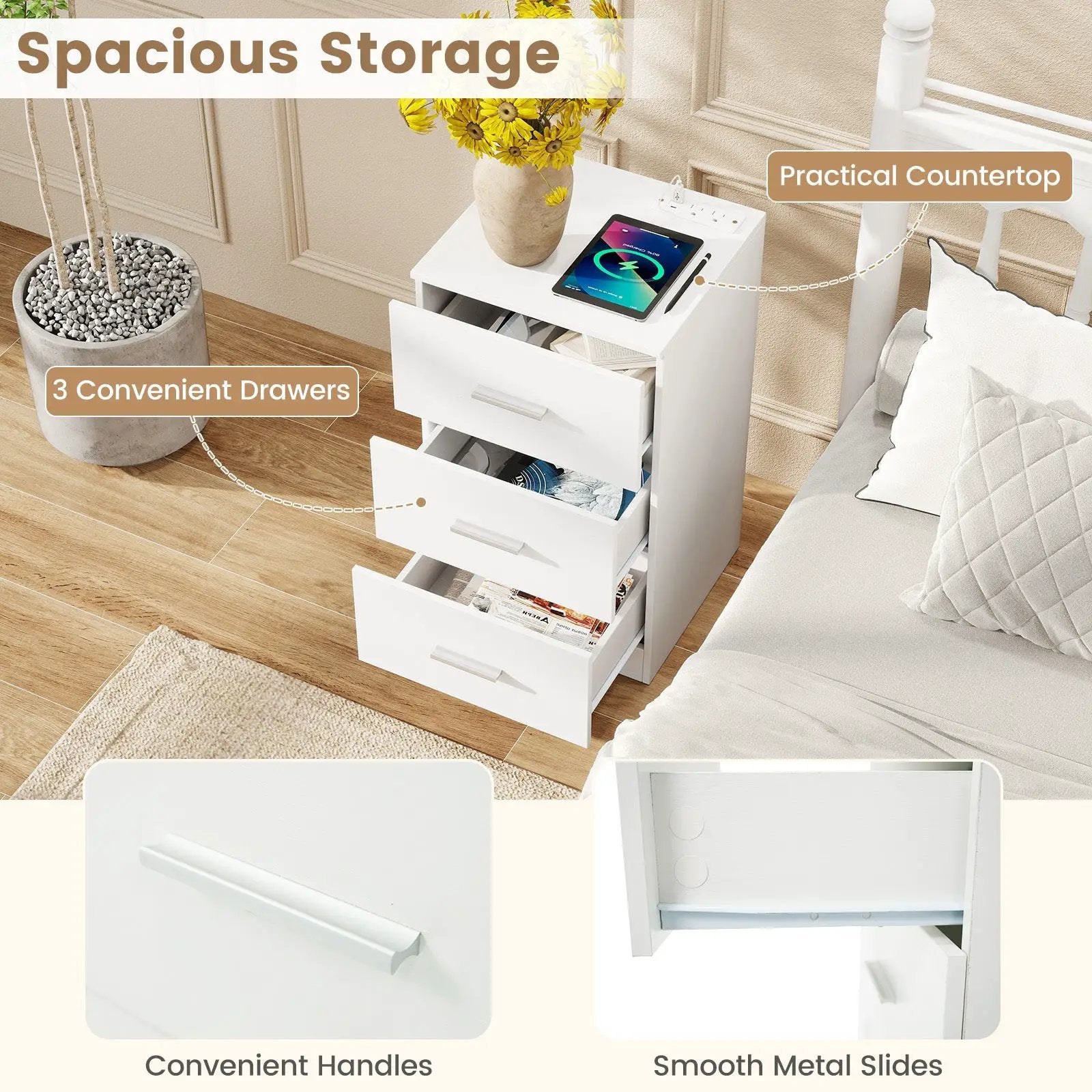 Nightstand with Charging Station End Table with 3 Storage Drawers Bedside Table for Bedroom by DirectDeals