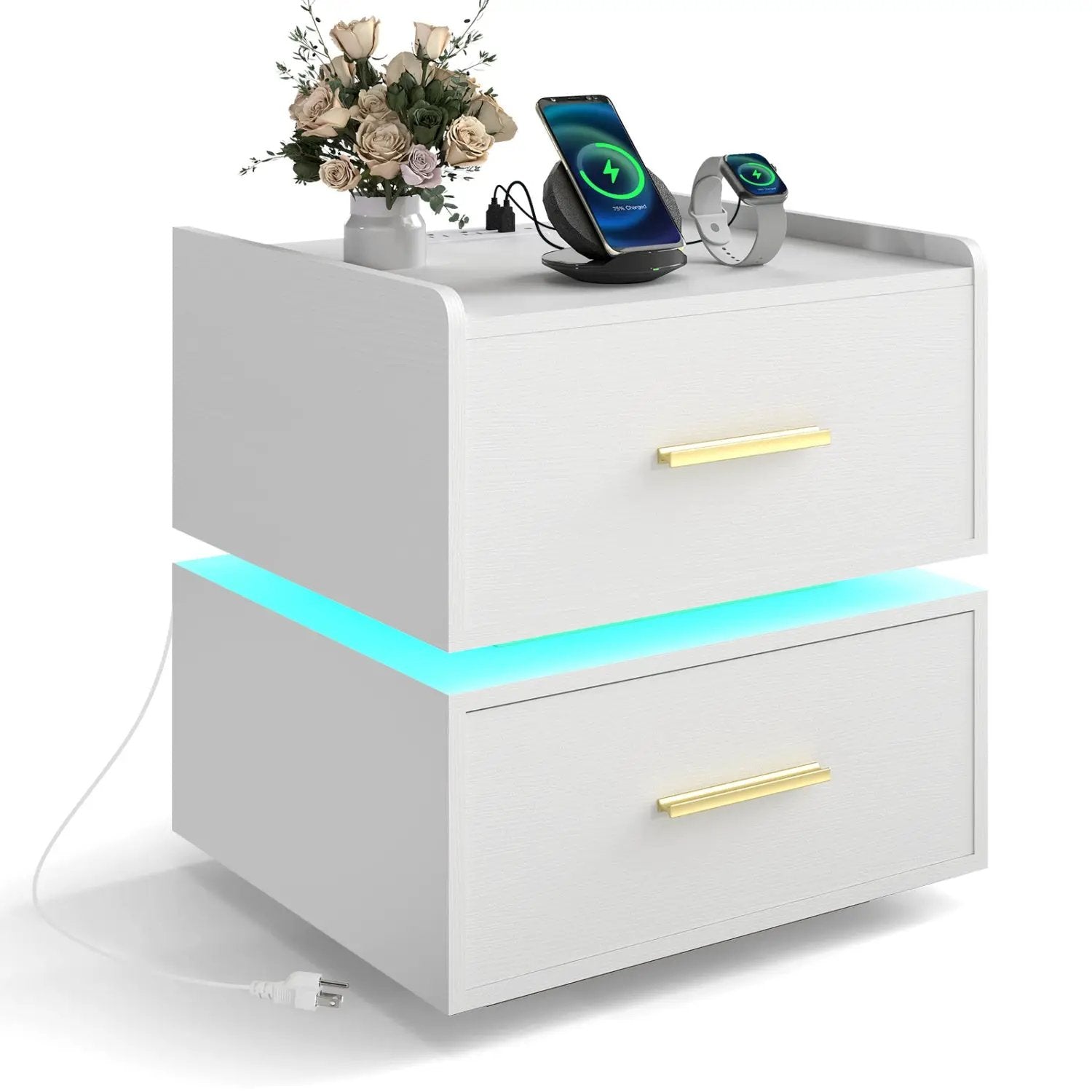 Nightstand with Charging Station LED Bedside Table with 2 Storage Drawers by DirectDeals