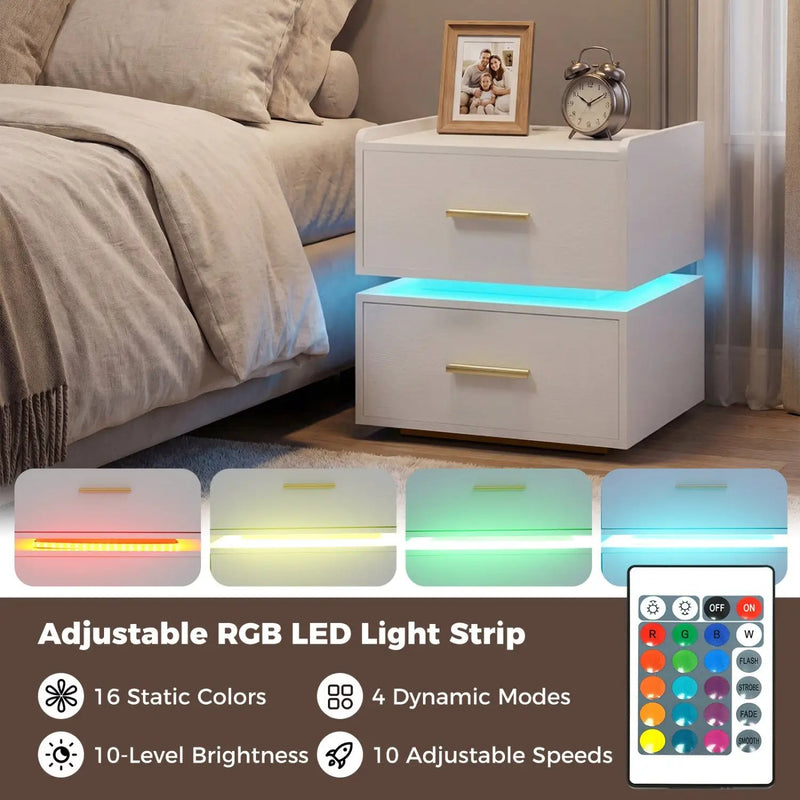 Nightstand with Charging Station LED Bedside Table with 2 Storage Drawers by DirectDeals