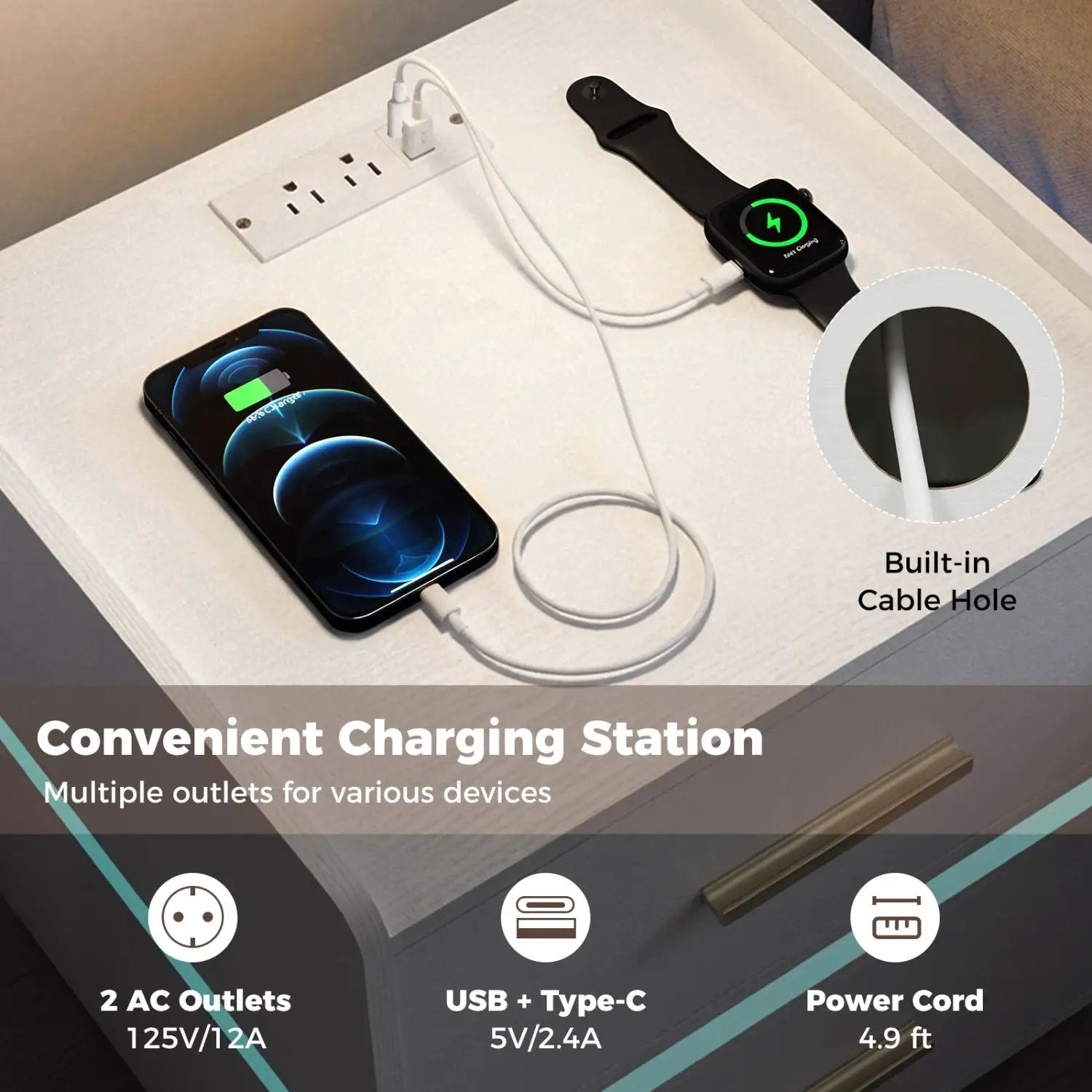 Nightstand with Charging Station LED Bedside Table with 2 Storage Drawers by DirectDeals