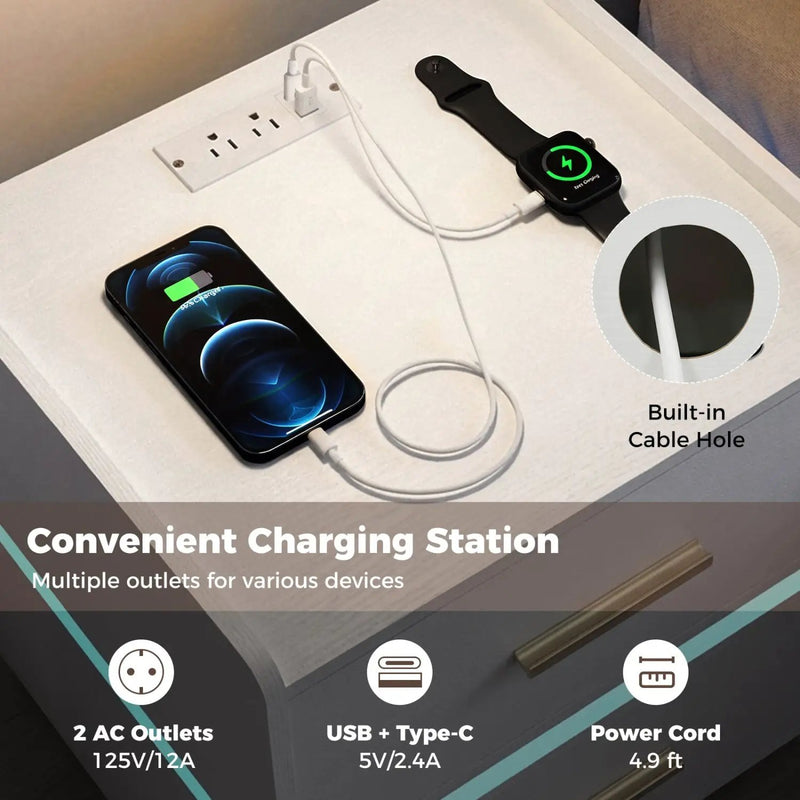 Nightstand with Charging Station LED Bedside Table with 2 Storage Drawers by DirectDeals