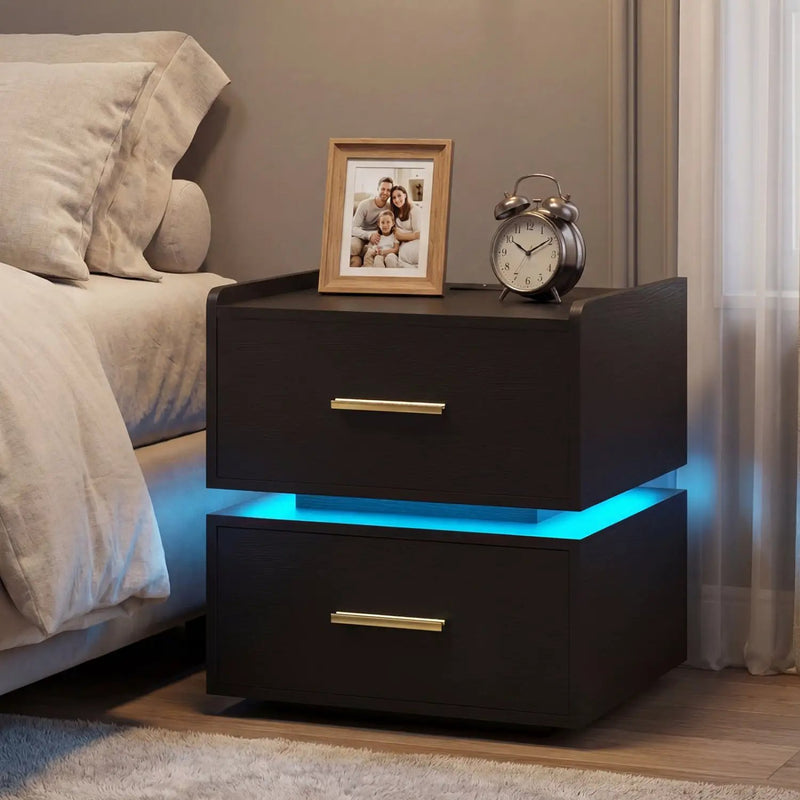 Nightstand with Charging Station LED Bedside Table with 2 Storage Drawers by DirectDeals