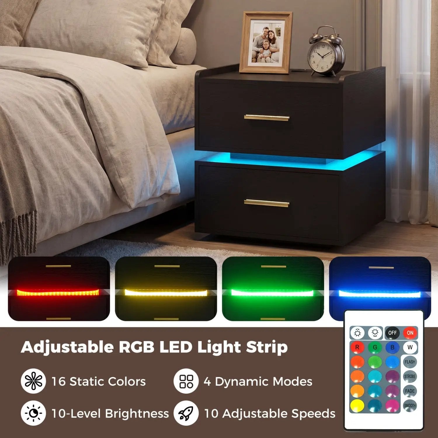 Nightstand with Charging Station LED Bedside Table with 2 Storage Drawers by DirectDeals