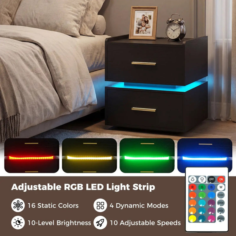 Nightstand with Charging Station LED Bedside Table with 2 Storage Drawers by DirectDeals