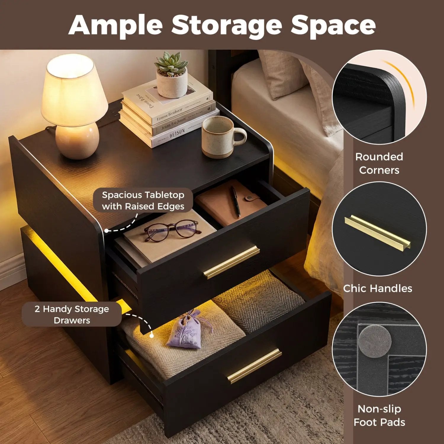 Nightstand with Charging Station LED Bedside Table with 2 Storage Drawers by DirectDeals