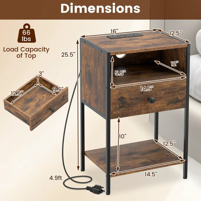 Nightstand with Charging Station Bedside Table with USB Ports and Outlets by DirectDeals