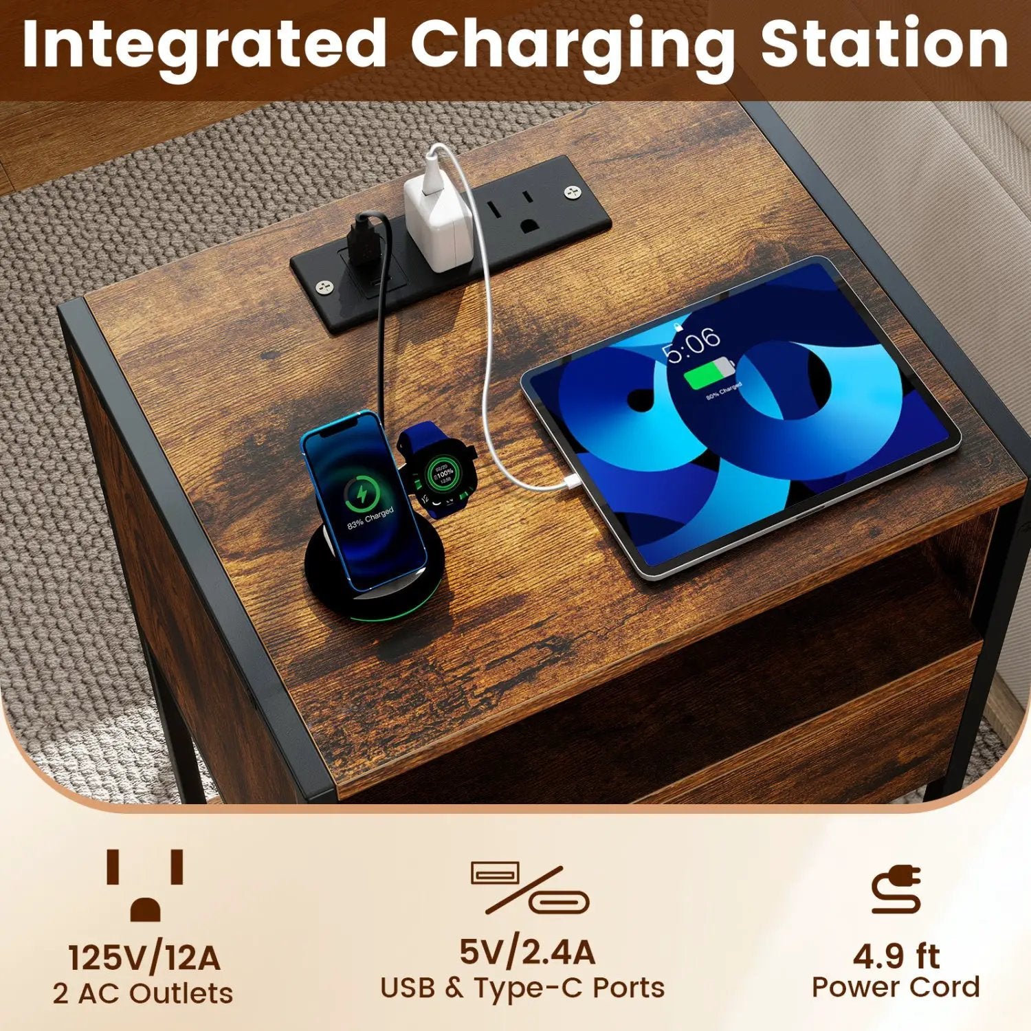 Nightstand with Charging Station Bedside Table with USB Ports and Outlets by DirectDeals