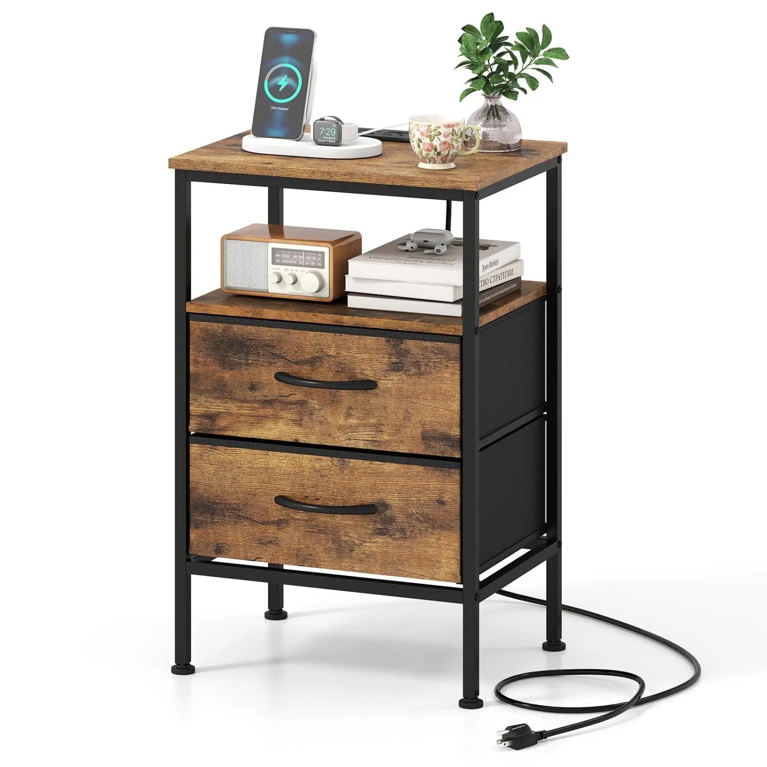 Nightstand with Charging Station 24.5 inch Modern Bedside Table with 2 Fabric Drawers by DirectDeals
