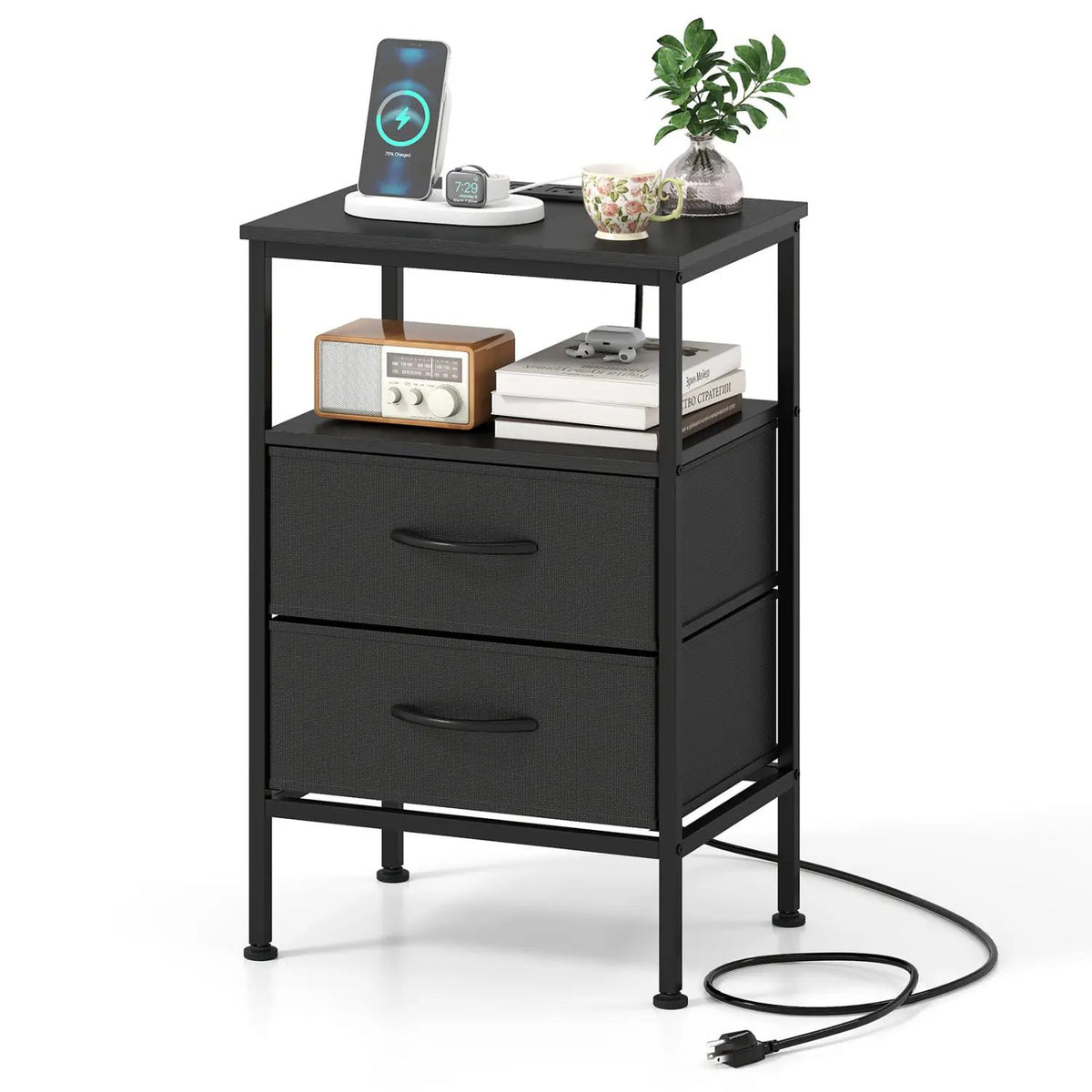 Nightstand with Charging Station 24.5 inch Modern Bedside Table with 2 Fabric Drawers, photo 2 of 3