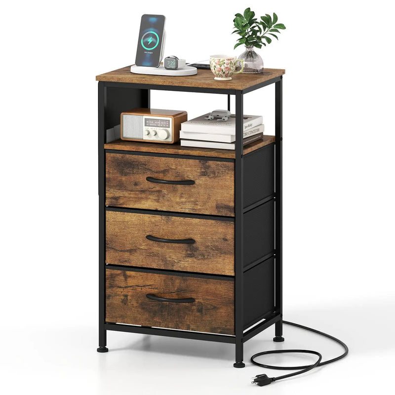 Nightstand with Charging Station 27.5 inch Modern Bedside Table with 3 Fabric Drawers by DirectDeals