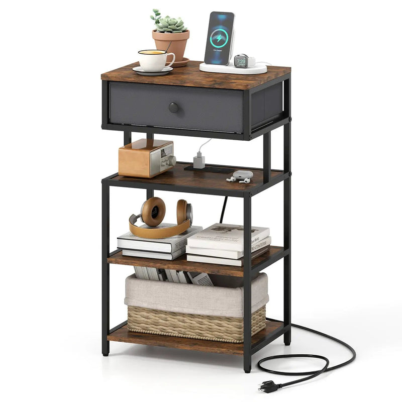 Nightstand with Charging Station 28 Inch Tall Bedside Table with Fabric Drawer by DirectDeals