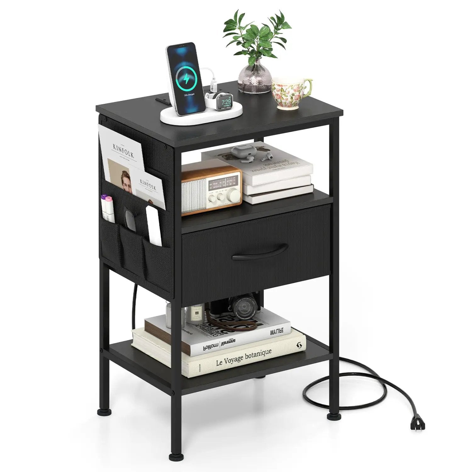 Nightstand with Charging Station and Fabric Drawer 24.5" by DirectDeals