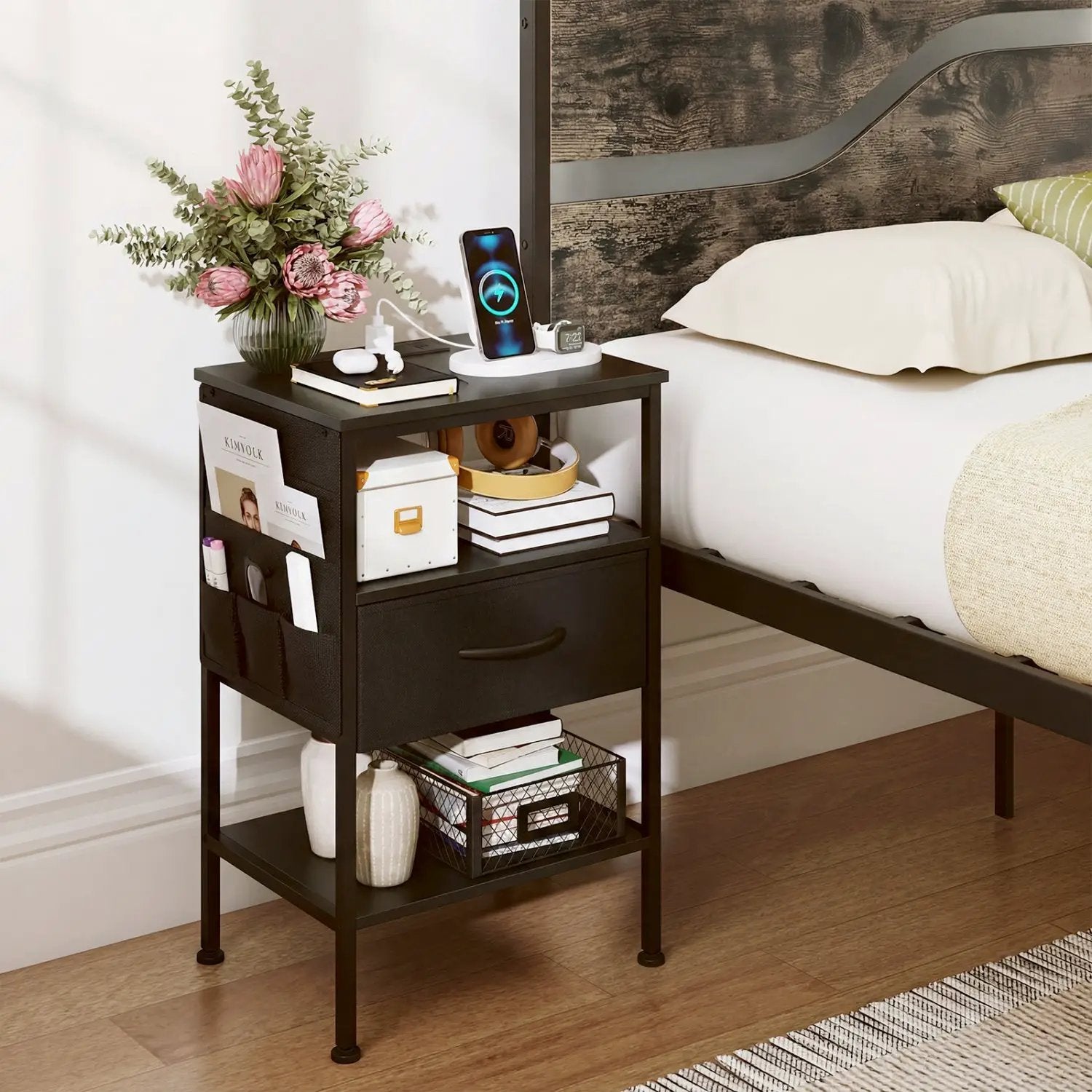 Nightstand with Charging Station and Fabric Drawer 24.5" by DirectDeals