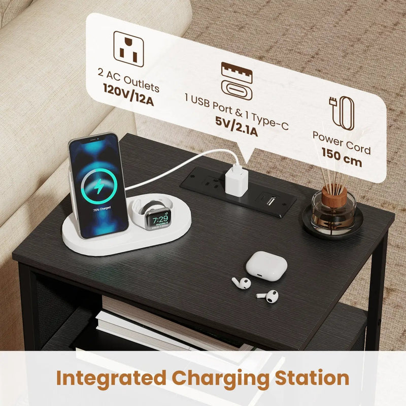 Nightstand with Charging Station and Fabric Drawer 24.5" by DirectDeals