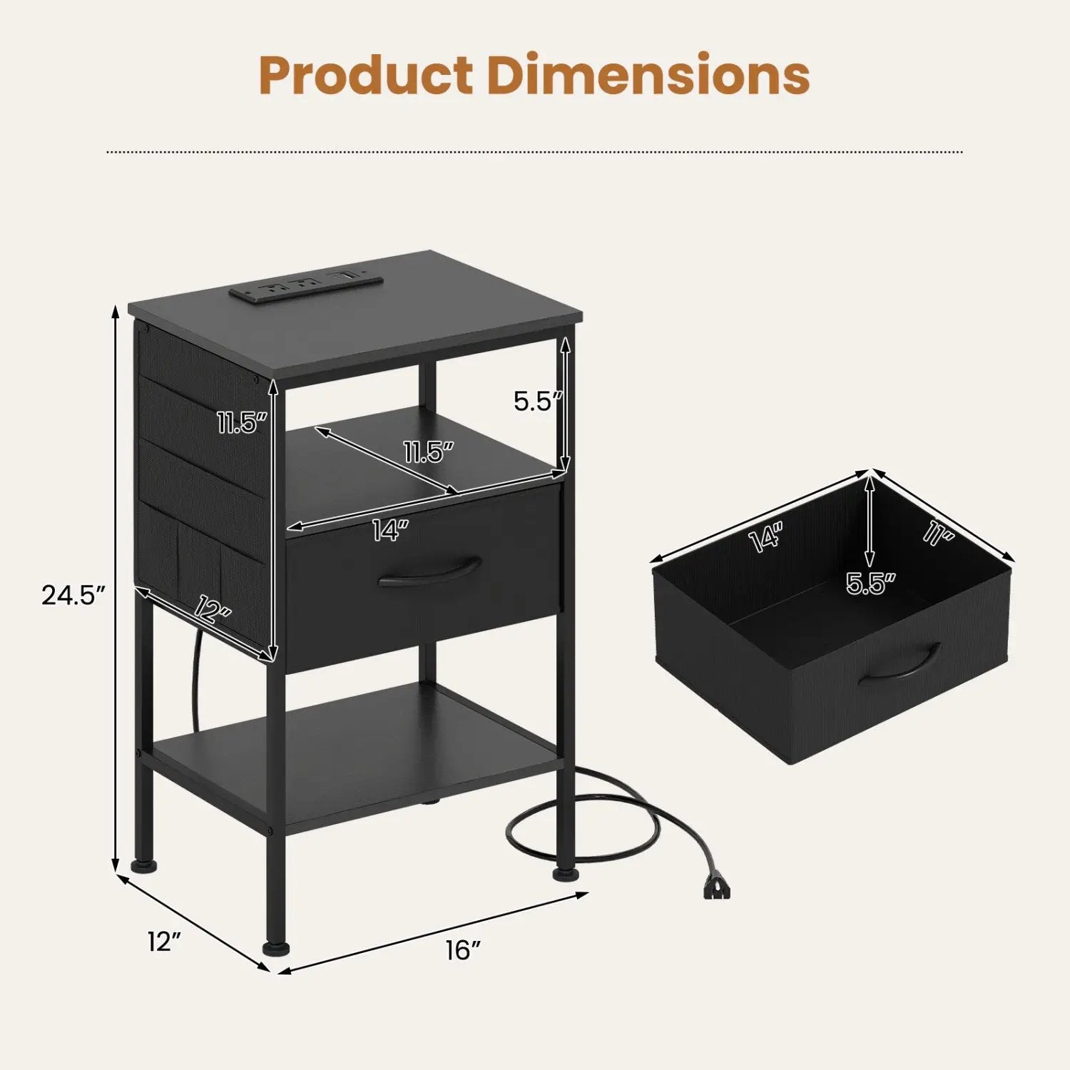 Nightstand with Charging Station and Fabric Drawer 24.5" by DirectDeals