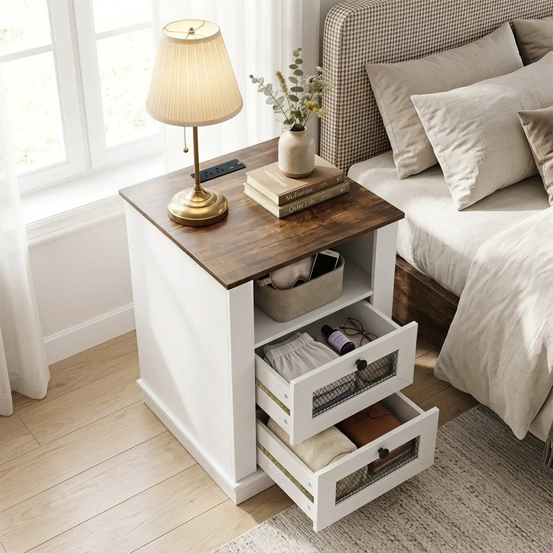 Nightstand with Charging Station and 2 Drawers Rustic Brown by DirectDeals