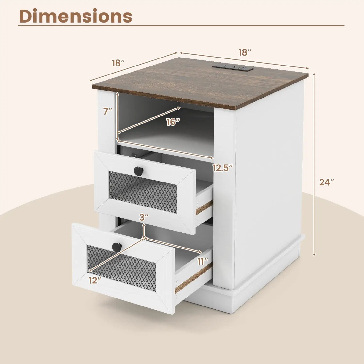 Nightstand with Charging Station and 2 Drawers Rustic Brown by DirectDeals