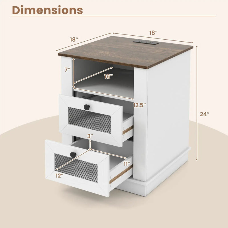 Nightstand with Charging Station and 2 Drawers Rustic Brown by DirectDeals