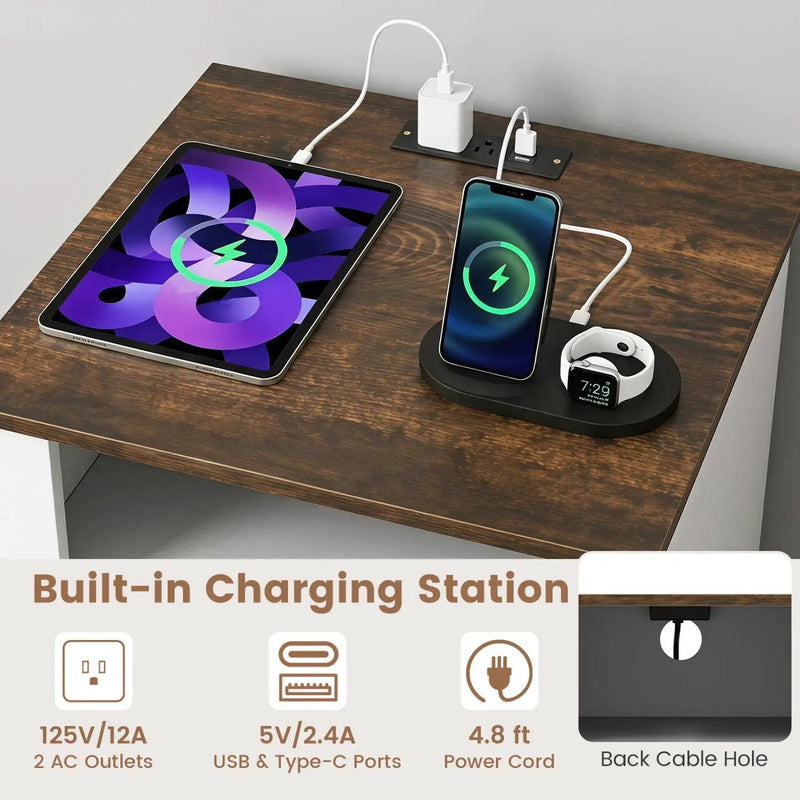 Nightstand with Charging Station and 2 Drawers Rustic Brown by DirectDeals