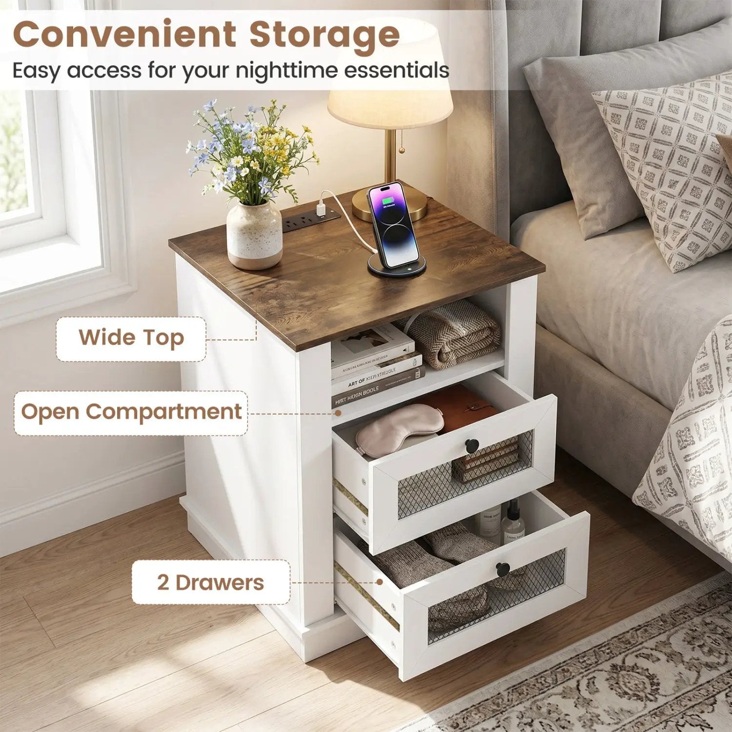 Nightstand with Charging Station and 2 Drawers Rustic Brown by DirectDeals