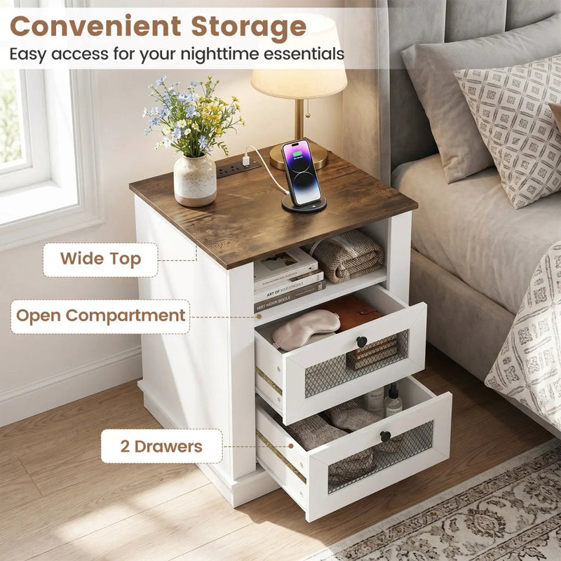 Nightstand with Charging Station and 2 Drawers Rustic Brown by DirectDeals