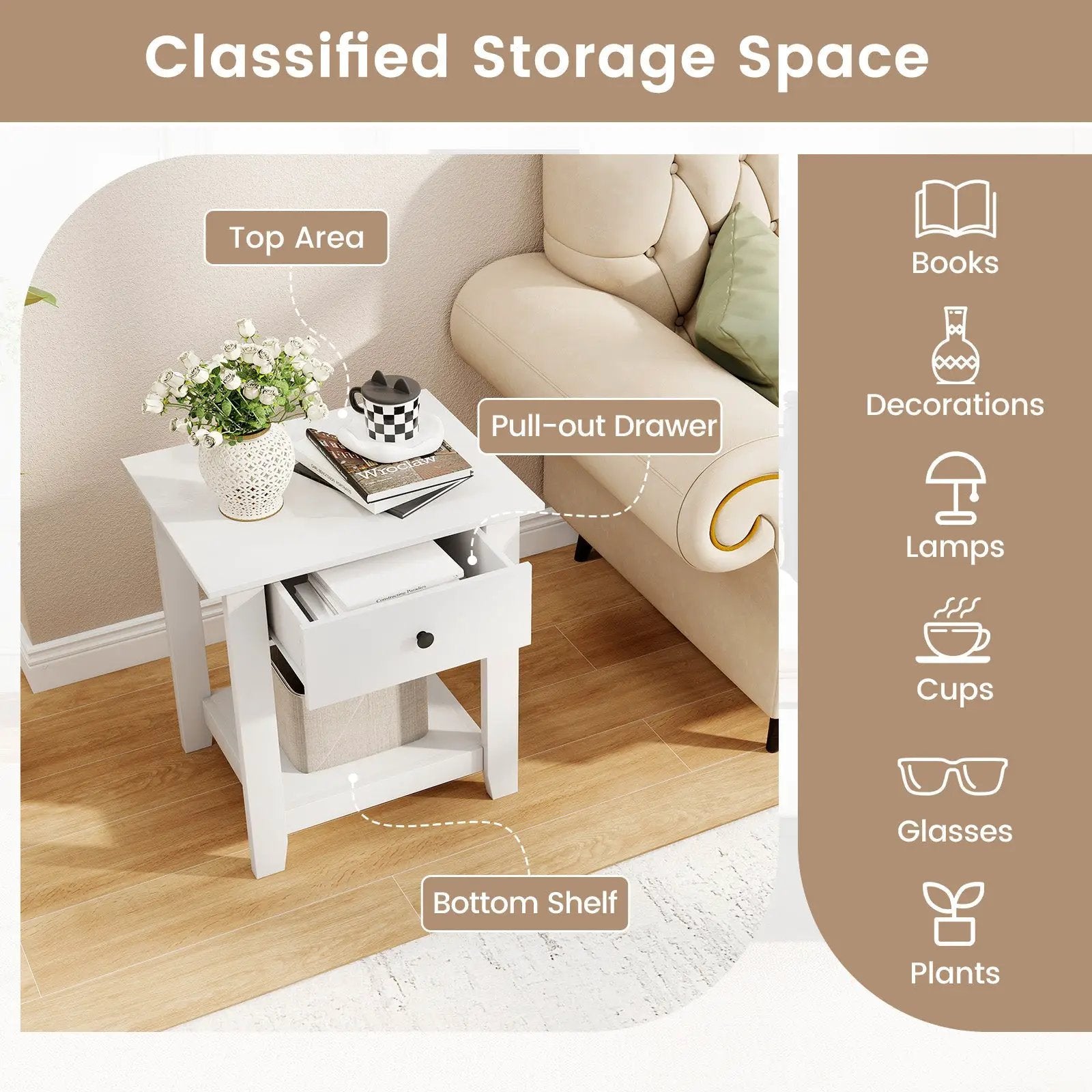 Nightstand with Drawer 3-Tier Modern Bedside Table with Open Shelf and Storage by DirectDeals