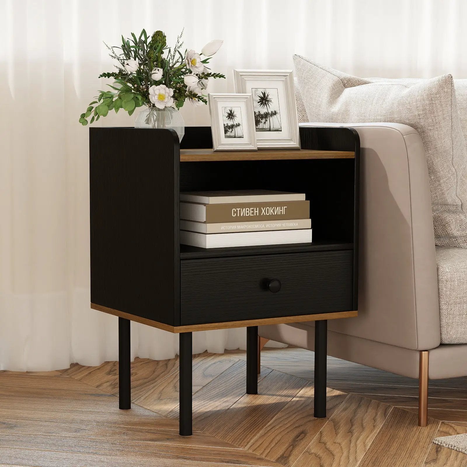 Nightstand with Drawer 3-Tier Sofa Side Table with Open Storage Shelf-Black by DirectDeals
