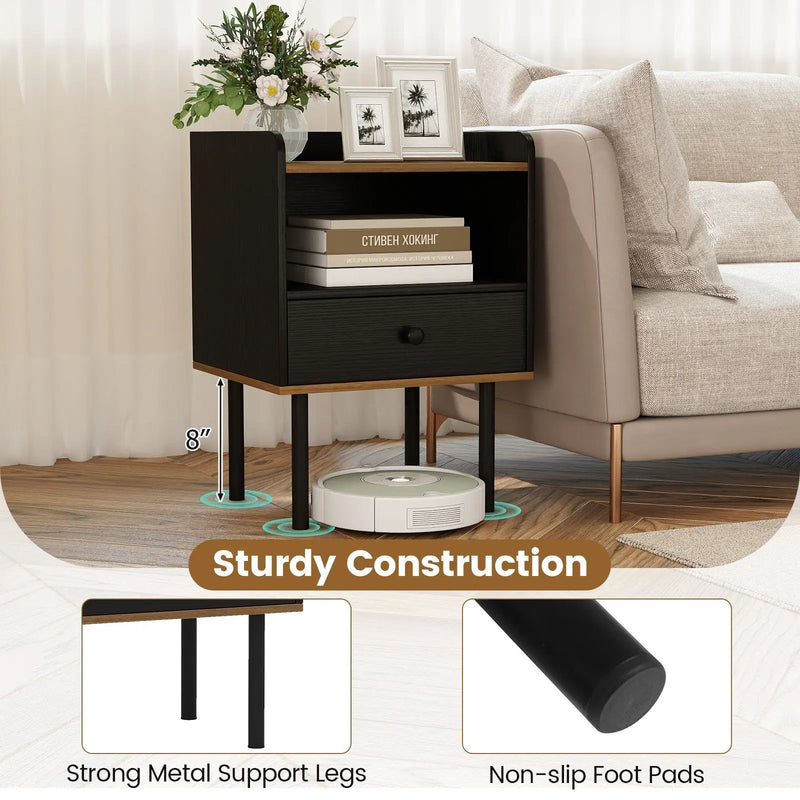 Nightstand with Drawer 3-Tier Sofa Side Table with Open Storage Shelf-Black by DirectDeals