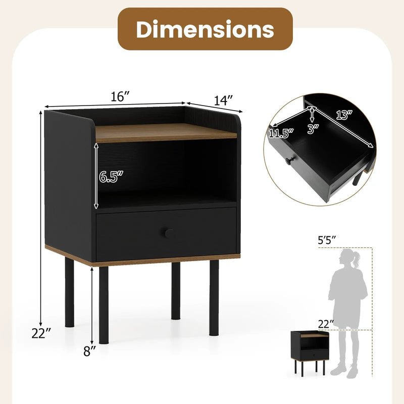 Nightstand with Drawer 3-Tier Sofa Side Table with Open Storage Shelf-Black by DirectDeals