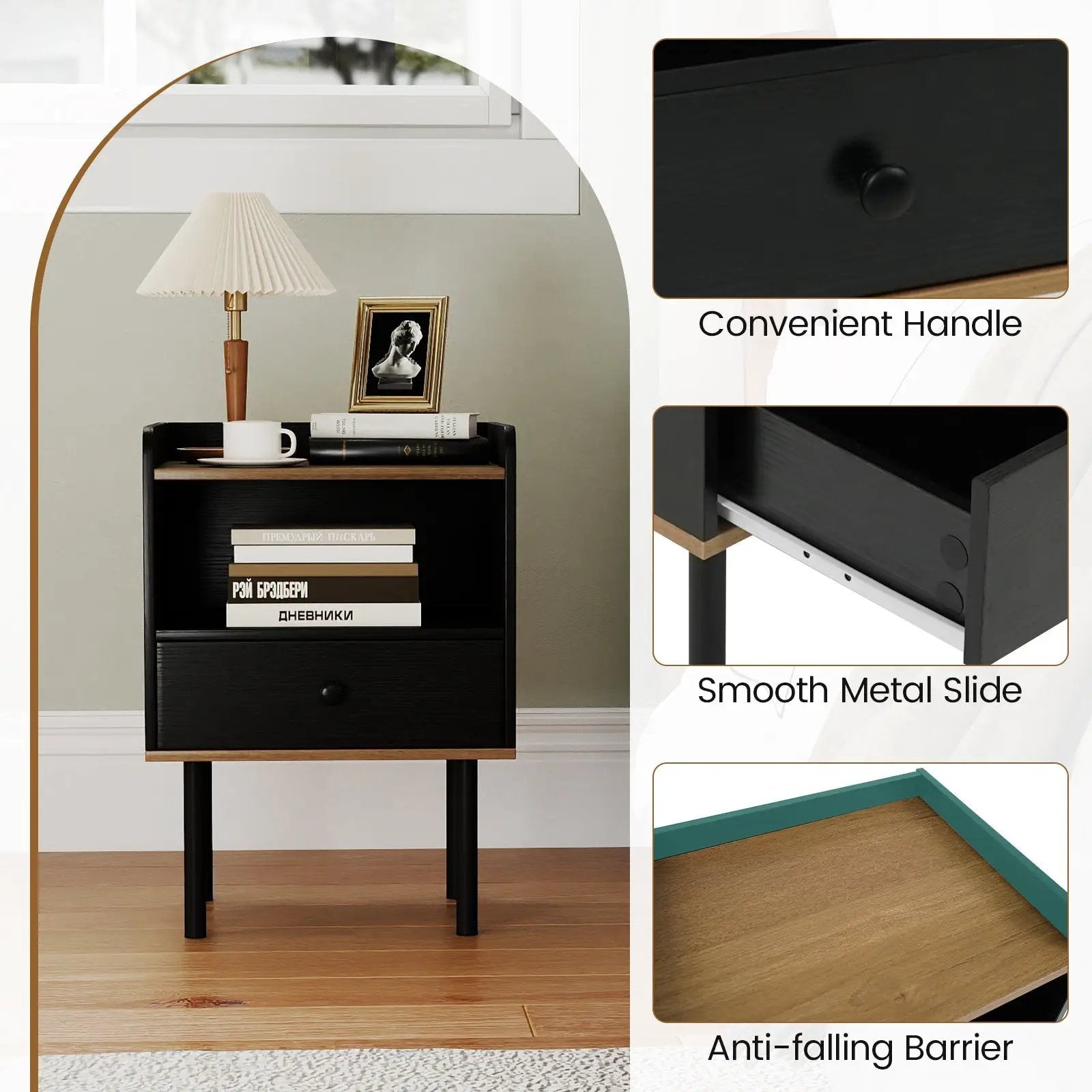 Nightstand with Drawer 3-Tier Sofa Side Table with Open Storage Shelf Set of 2-Black by DirectDeals