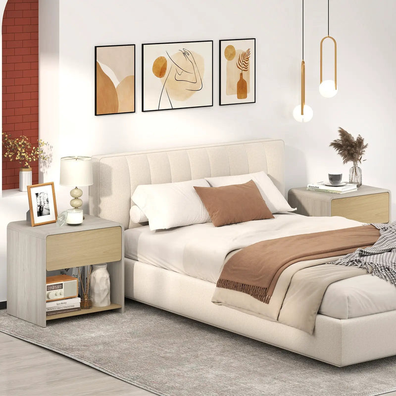 2-Tier Modern Style Nightstand with Drawer and Open Shelf-Oak by DirectDeals