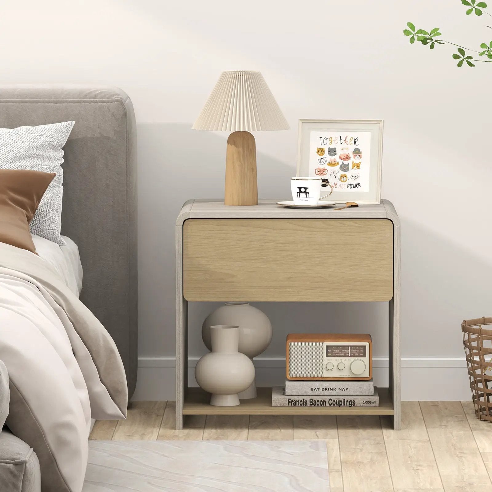 2-Tier Modern Style Nightstand with Drawer and Open Shelf-Oak by DirectDeals