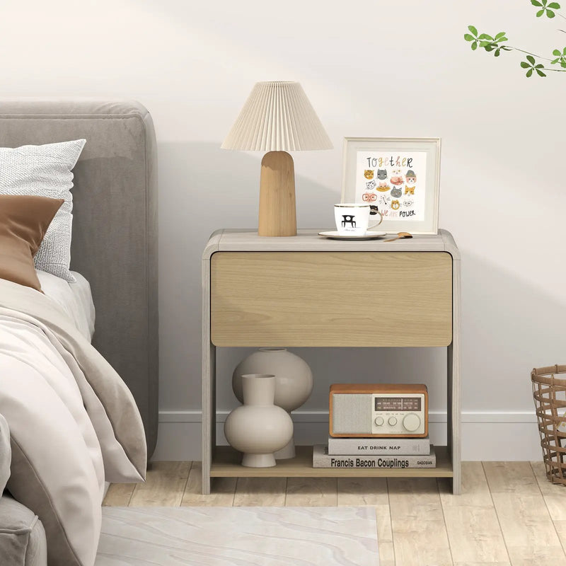 2-Tier Modern Style Nightstand with Drawer and Open Shelf-Oak by DirectDeals