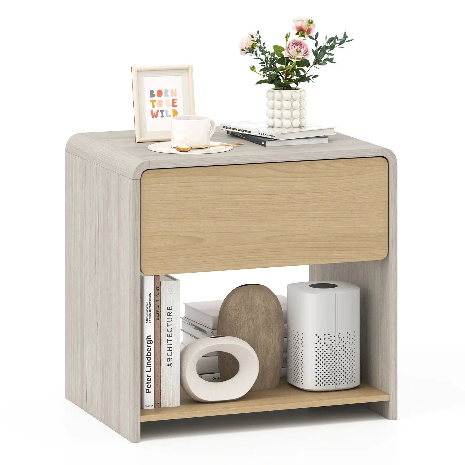 2-Tier Modern Style Nightstand with Drawer and Open Shelf-Oak by DirectDeals
