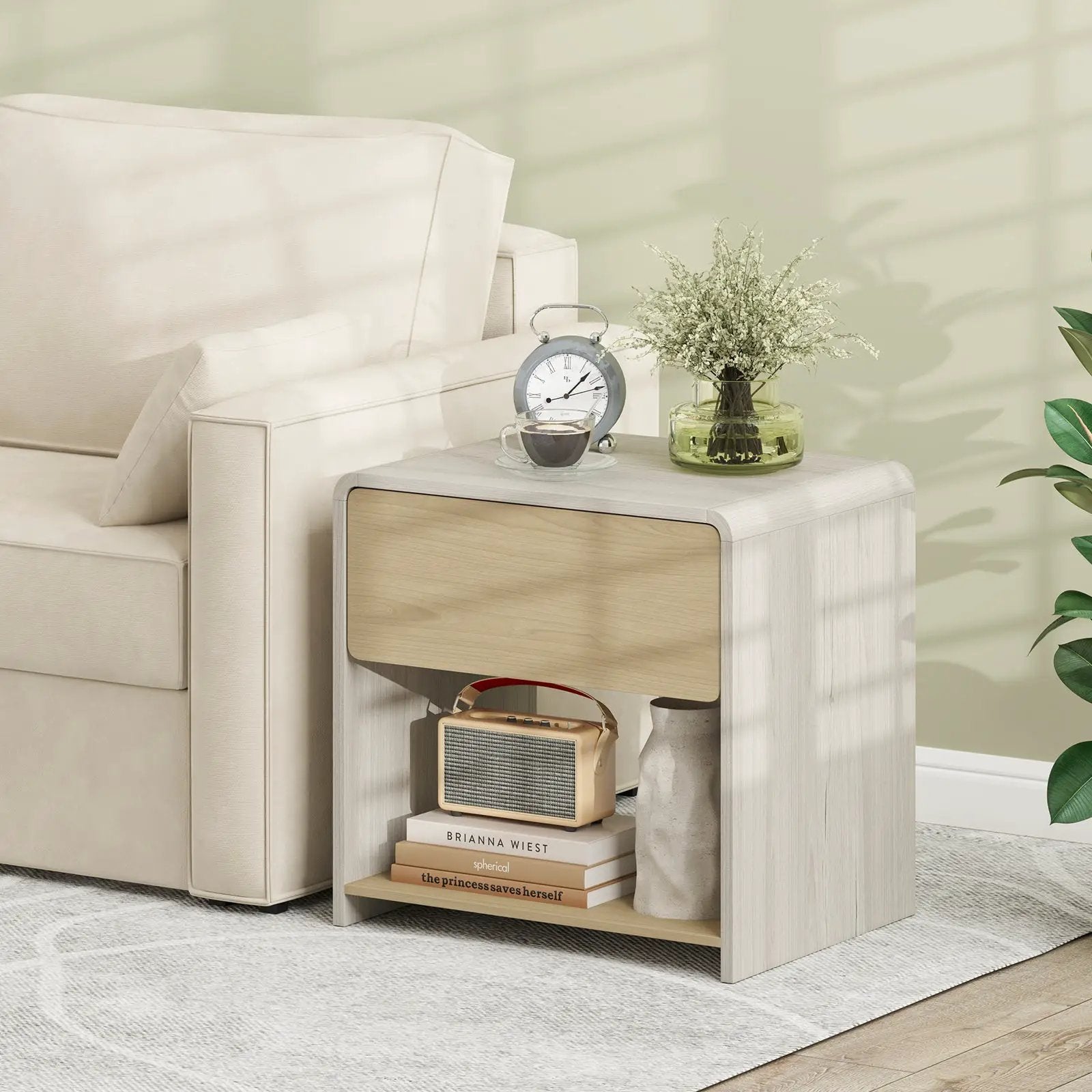 2-Tier Modern Style Nightstand with Drawer and Open Shelf-Oak by DirectDeals