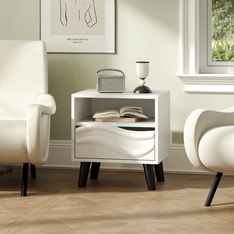 Nightstand Mid Century Modern Bedside Table with 3D Wavy Pattern and Open Shelf-White by DirectDeals