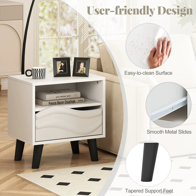 Nightstand Mid Century Modern Bedside Table with 3D Wavy Pattern and Open Shelf-White by DirectDeals