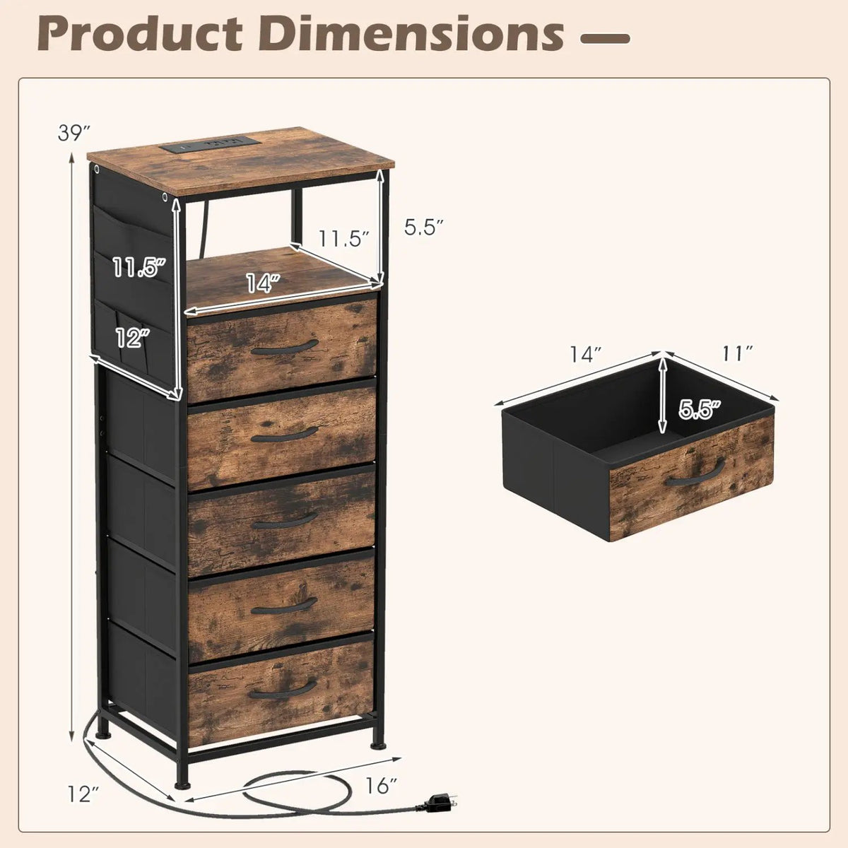 Nightstand with Integrated Charging Station 39 Inches Modern Bedside Table, photo 12 of 16
