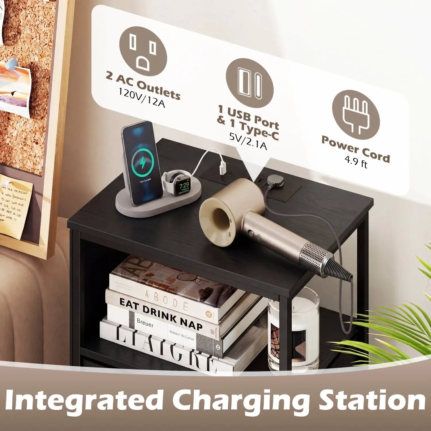 Nightstand with Integrated Charging Station 39 Inches Modern Bedside Table by DirectDeals