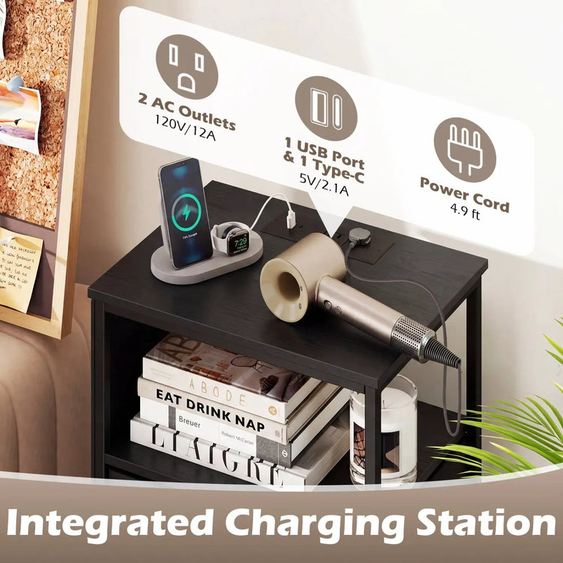 Nightstand with Integrated Charging Station 39 Inches Modern Bedside Table by DirectDeals
