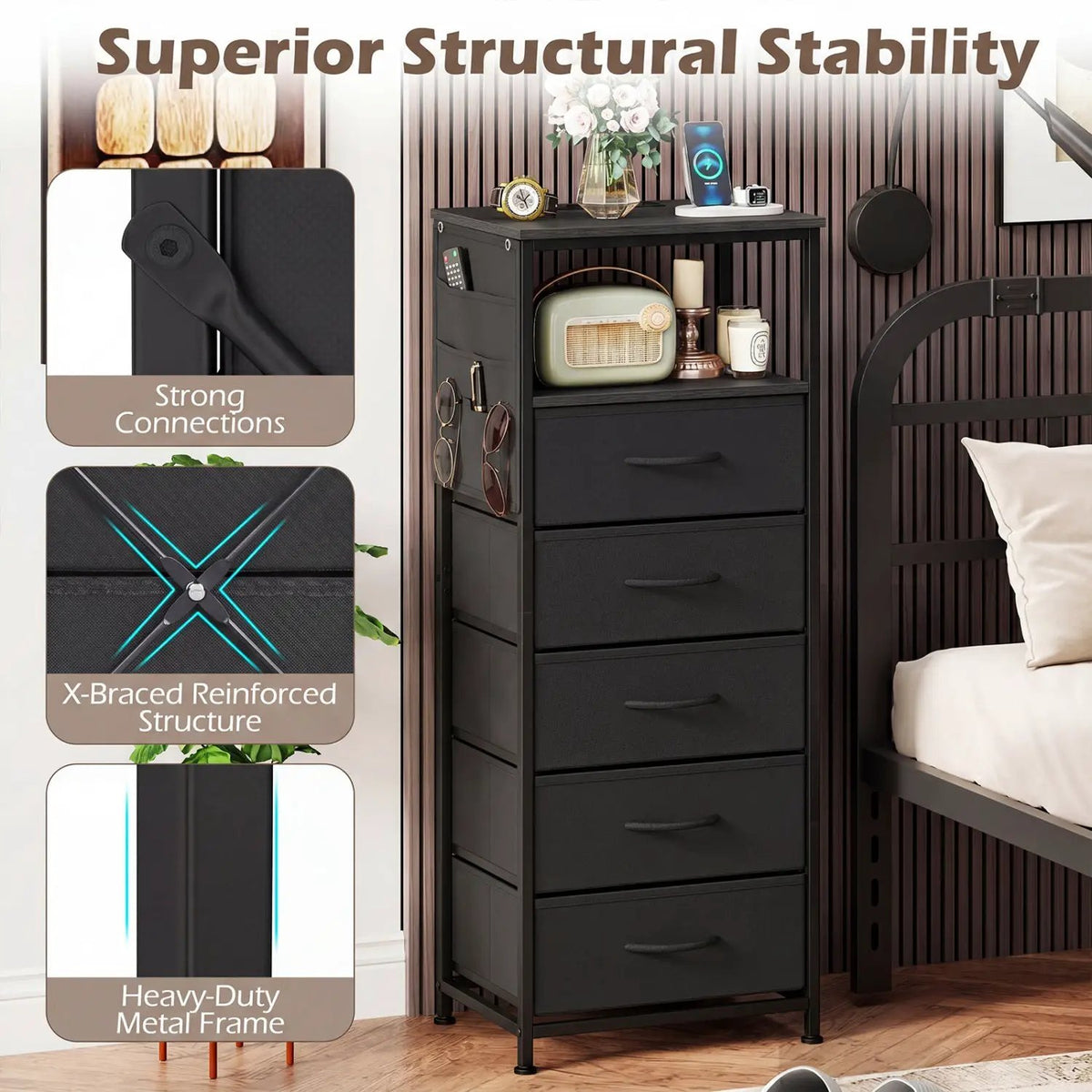 Nightstand with Integrated Charging Station 39 Inches Modern Bedside Table, photo 8 of 16