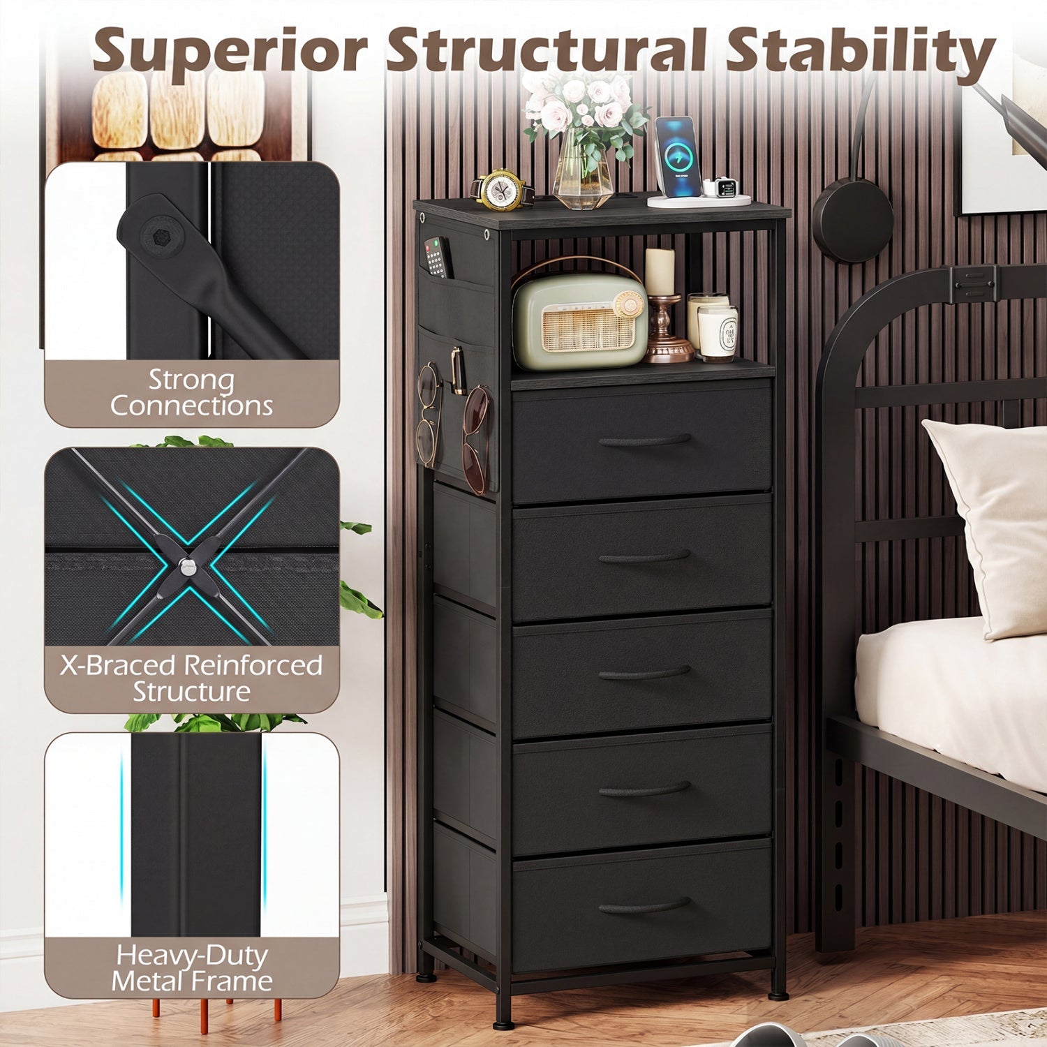 Nightstand with Integrated Charging Station 39 Inches Modern Bedside Table by DirectDeals