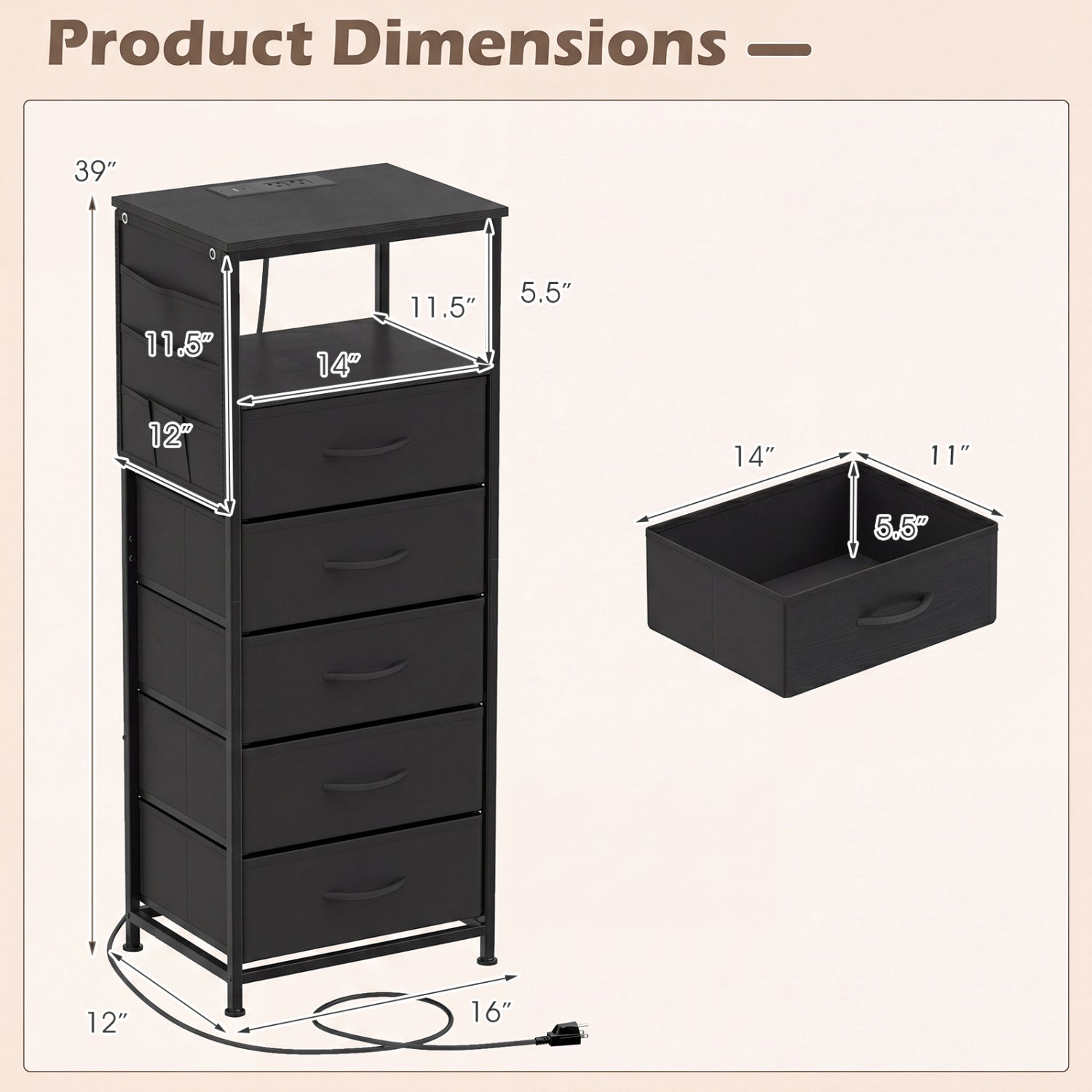 Nightstand with Integrated Charging Station 39 Inches Modern Bedside Table by DirectDeals