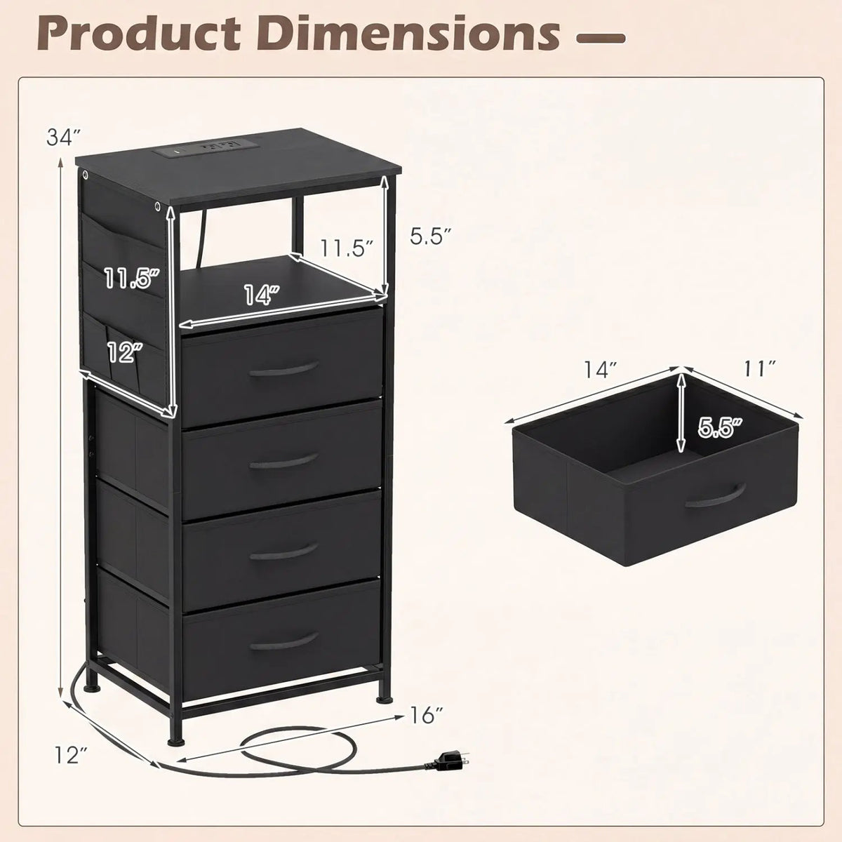 Nightstand with Integrated Charging Station 34" Modern Bedside Table, photo 12 of 16