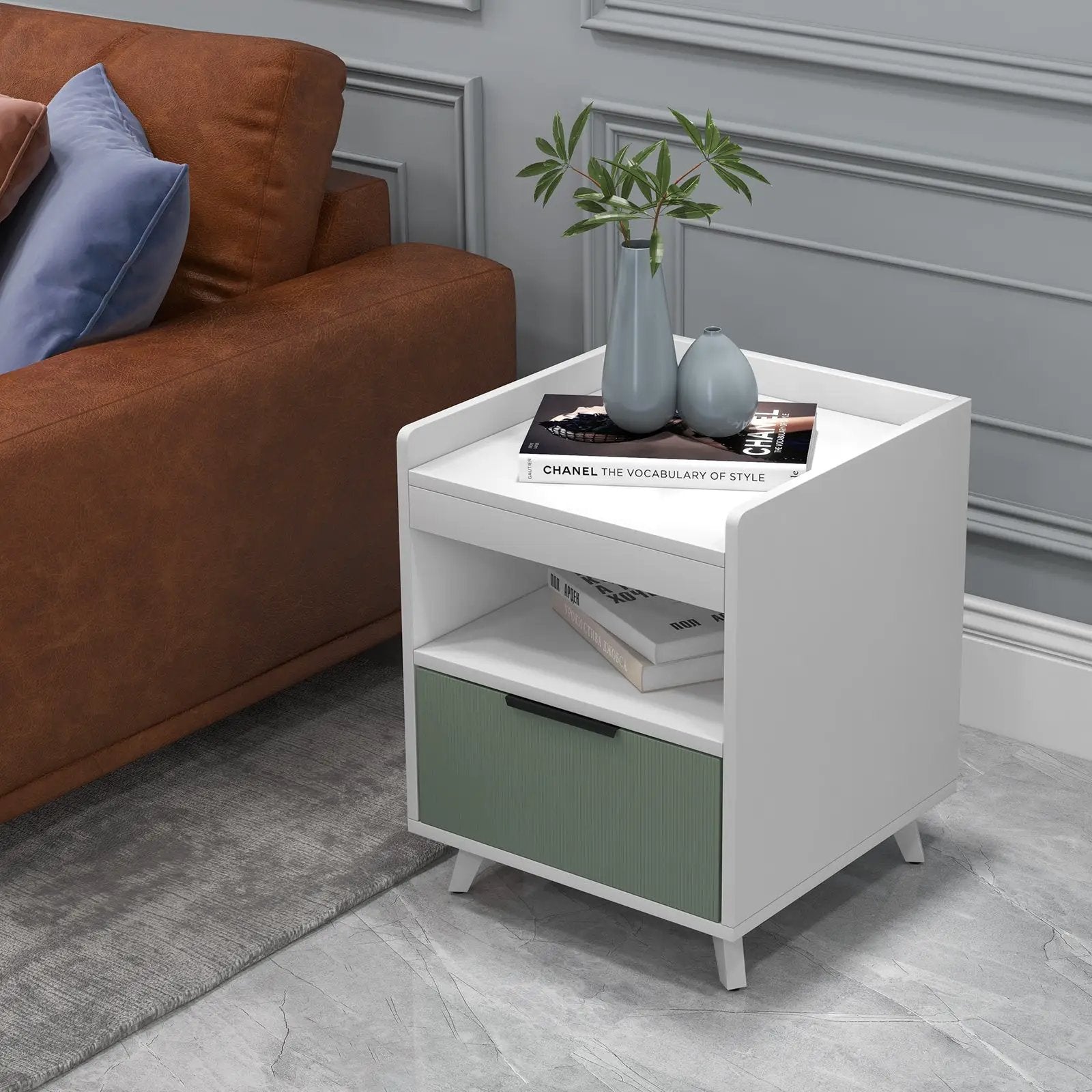 Modern Nightstand with LED Lights Sliding Drawer and Open Compartment-White by DirectDeals