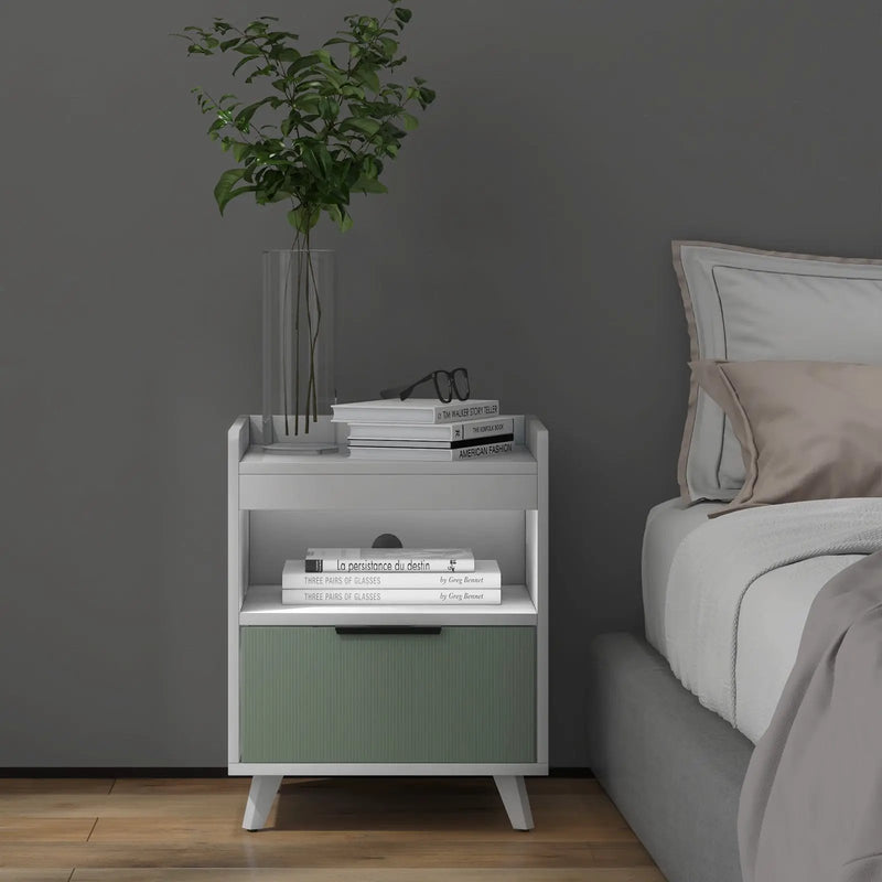 Modern Nightstand with LED Lights Sliding Drawer and Open Compartment-White by DirectDeals