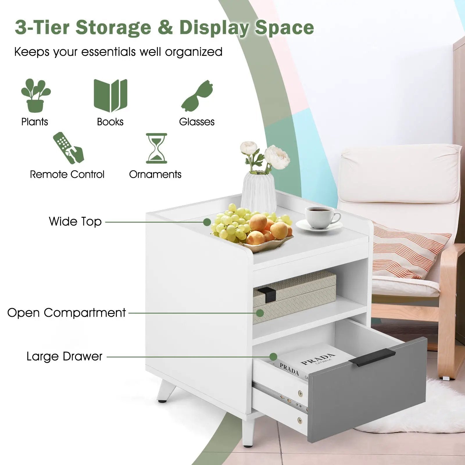Modern Nightstand with LED Lights Sliding Drawer and Open Compartment-White by DirectDeals