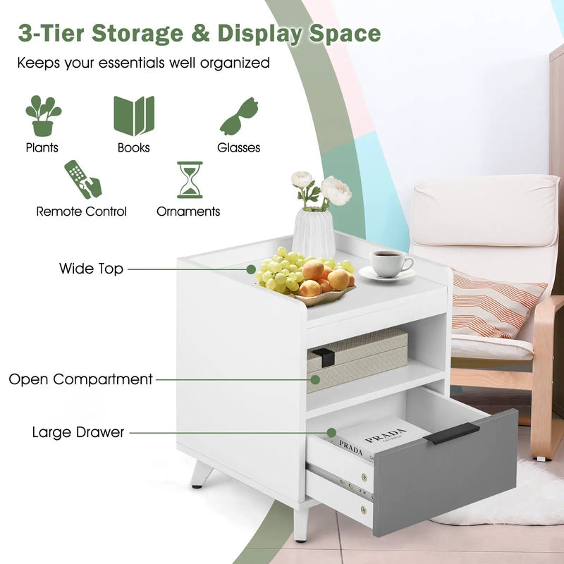 Modern Nightstand with LED Lights Sliding Drawer and Open Compartment-White by DirectDeals