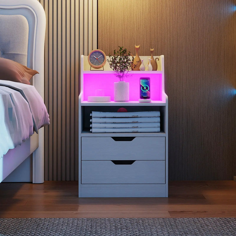 Nightstand with LED Light and Charging Station for Living Room Bedroom-White by DirectDeals